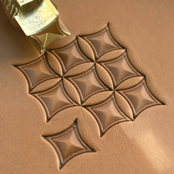 Geometric leather stamp LT217 — brass stamping tool with imprint on natural veg-tan leather