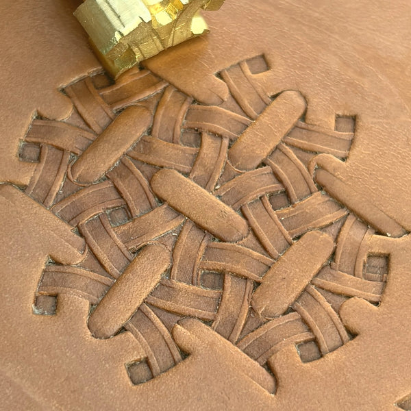 Interlaced Basket Weave leather stamp LT219 — brass stamping tool with imprint on natural veg-tan leather