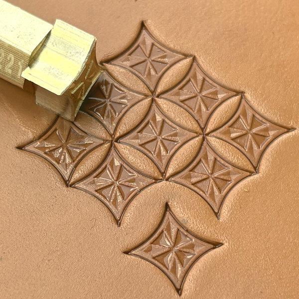 Star Tile Geometric leather stamp LT221 — brass stamping tool with imprint on natural veg-tan leather