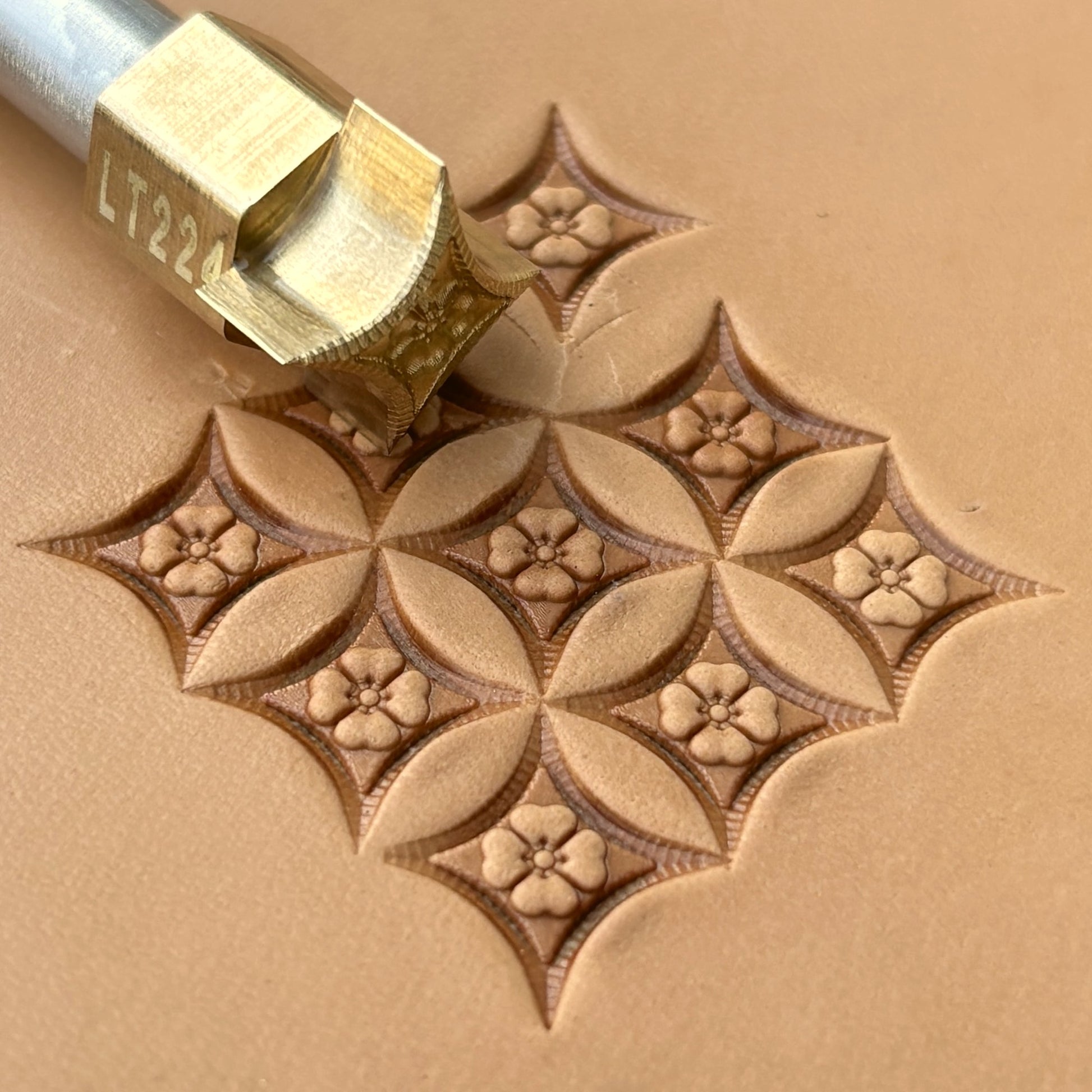 Floral Tiles Geometric leather stamp LT224 — brass stamping tool with imprint on natural veg-tan leather