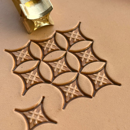 Geometric leather stamp LT226 — brass stamping tool with imprint on natural veg-tan leather