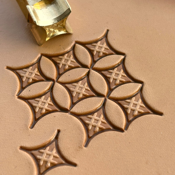 Geometric leather stamp LT226 — brass stamping tool with imprint on natural veg-tan leather