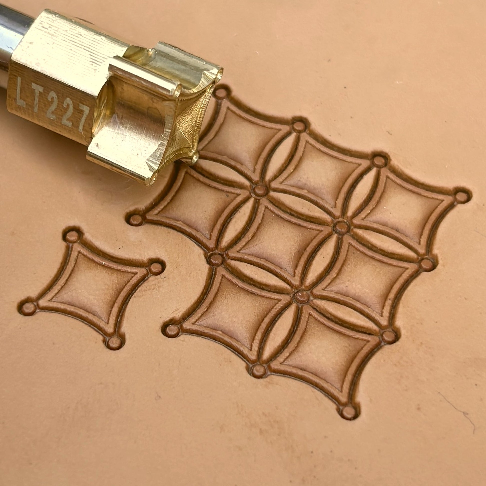 Overlapping Diamonds Geometric leather stamp LT227 — brass stamping tool with imprint on natural veg-tan leather