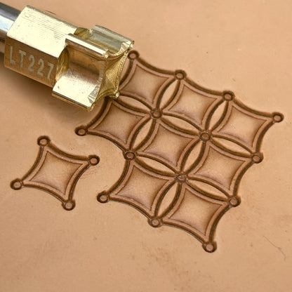 Overlapping Diamonds Geometric leather stamp LT227 — brass stamping tool with imprint on natural veg-tan leather