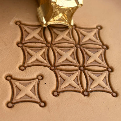 Geometric leather stamp LT228 — brass stamping tool with imprint on natural veg-tan leather
