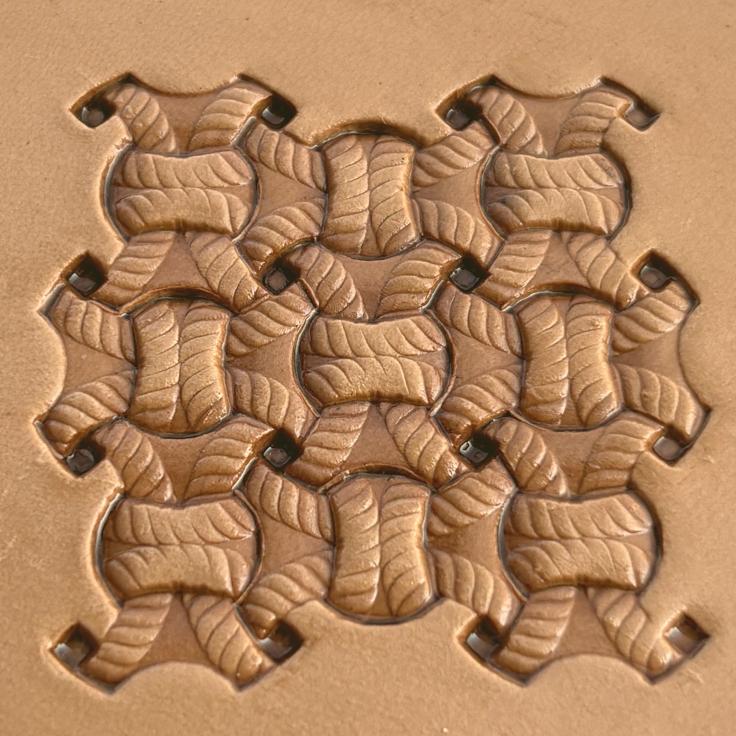Basket Weave leather stamp LT231 — imprint on natural veg-tan leather