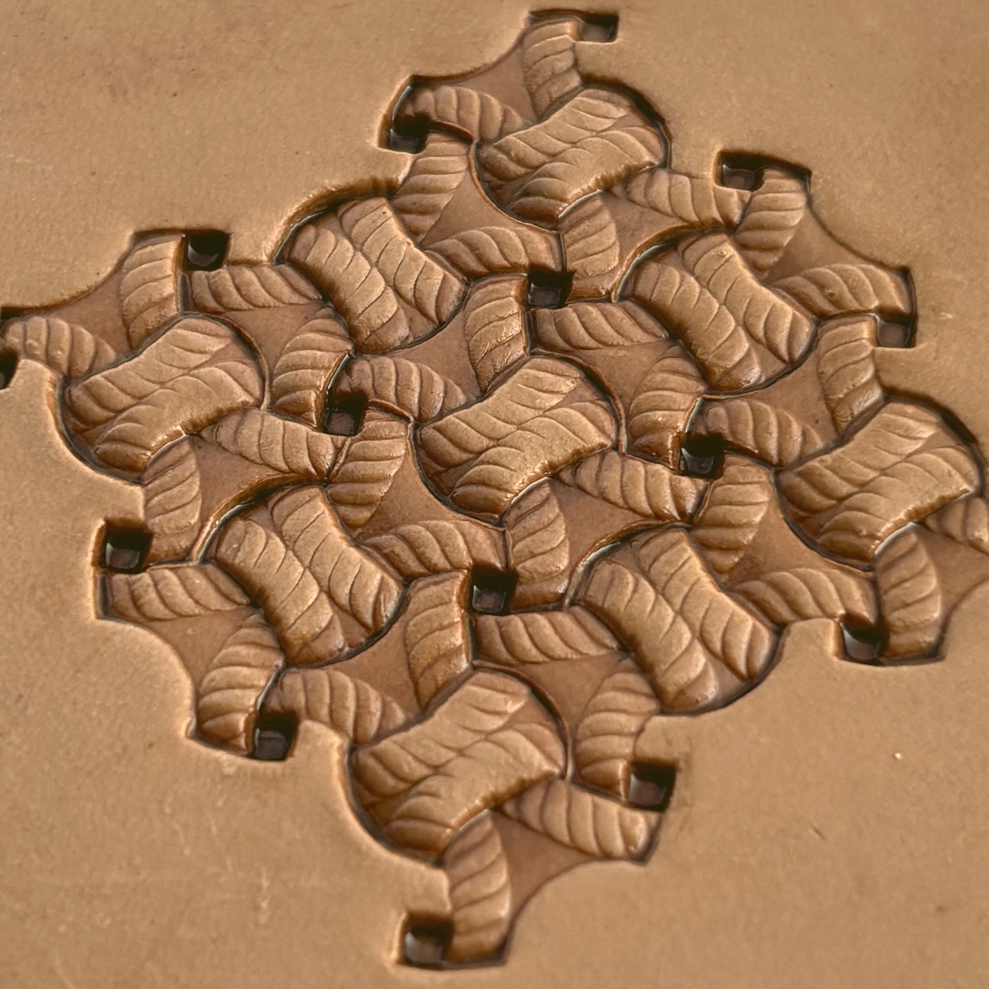 Basket Weave leather stamp LT231 — pattern imprint on veg-tan leather