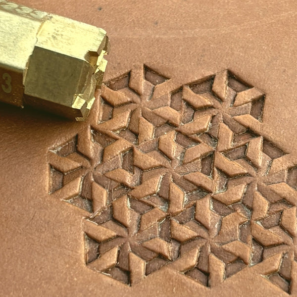 3D Cubes Geometric leather stamp LT233 — brass stamping tool with imprint on natural veg-tan leather