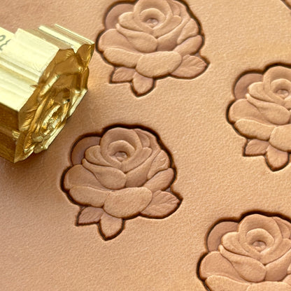 Small Cluster Rose leather stamp LT235 — brass stamping tool with imprint on natural veg-tan leather