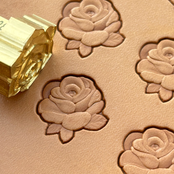 Small Cluster Rose leather stamp LT235 — brass stamping tool with imprint on natural veg-tan leather