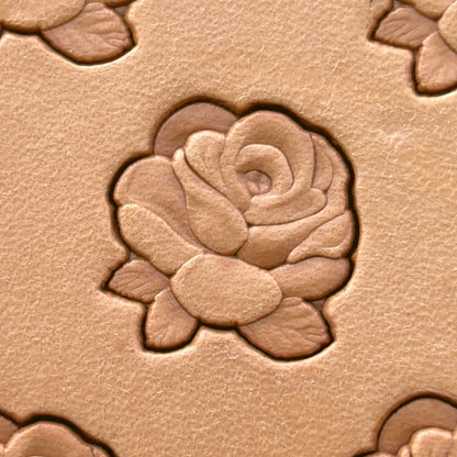 Small Cluster Rose leather stamp LT235 — single impression on veg-tan leather