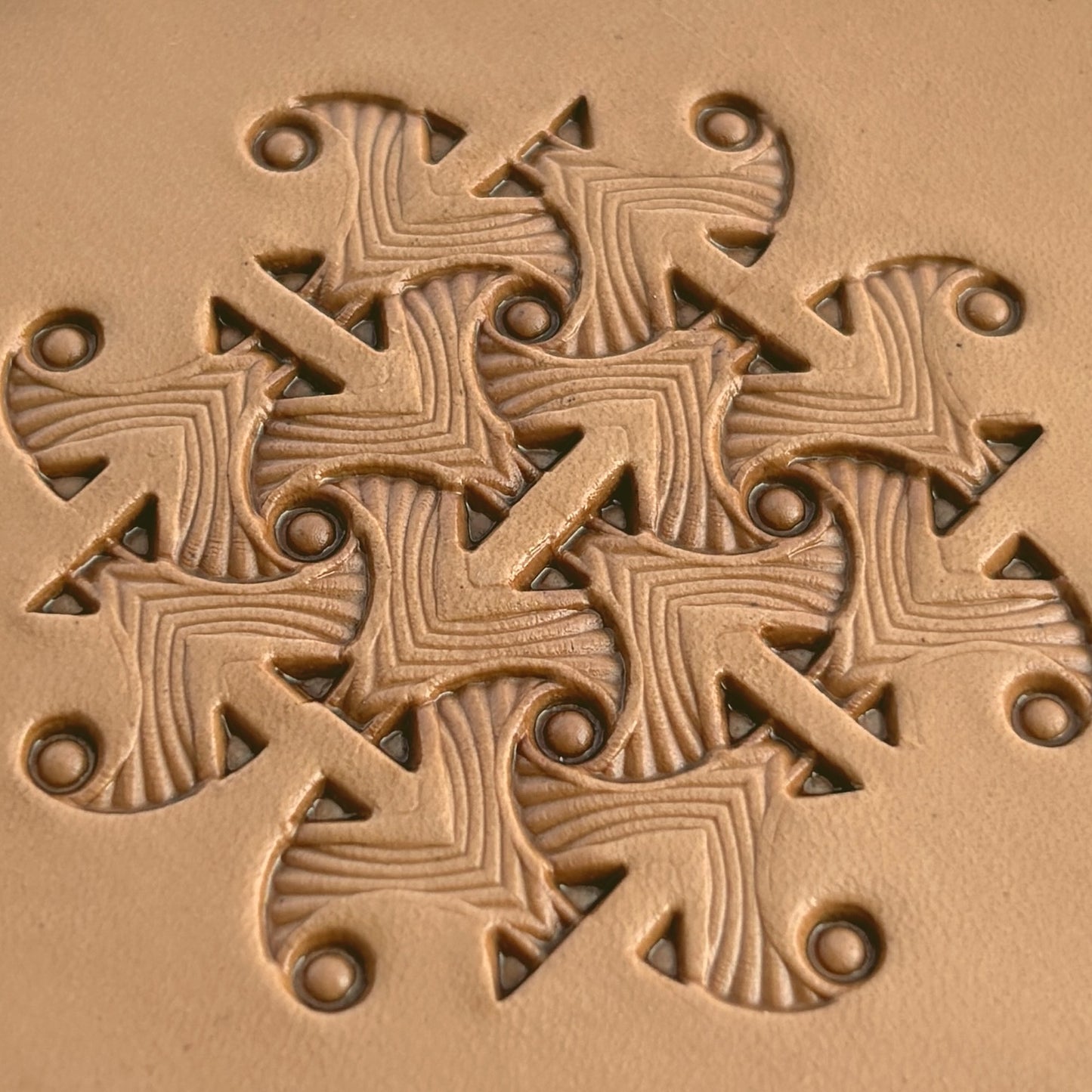 Geometric leather stamp LT237 — imprint on natural veg-tan leather
