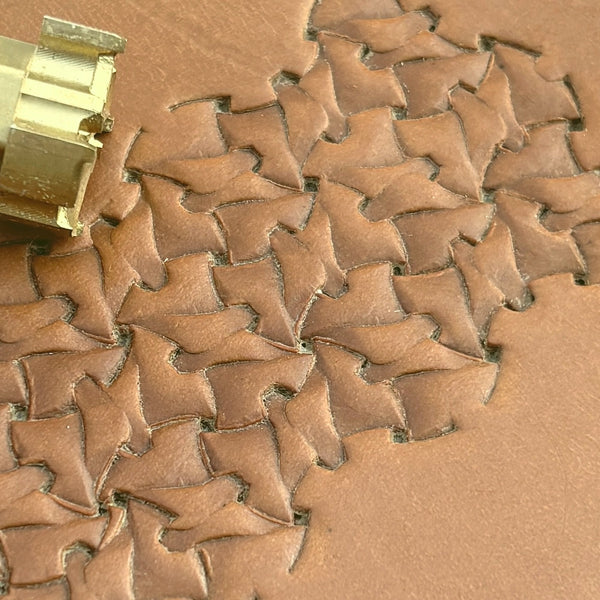 Interlocking Shapes Geometric leather stamp LT240 — brass stamping tool with imprint on natural veg-tan leather