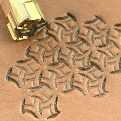 Interlock Shape Geometric leather stamp LT241 — brass stamping tool with imprint on natural veg-tan leather