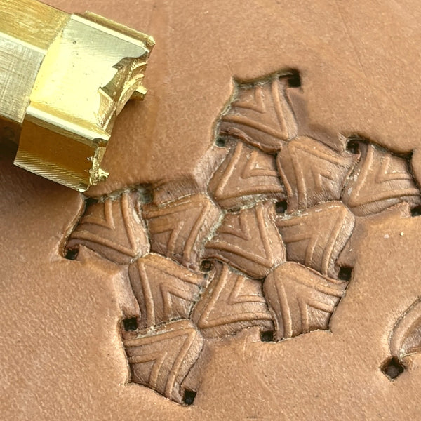 Motif Geometric leather stamp LT242 — brass stamping tool with imprint on natural veg-tan leather