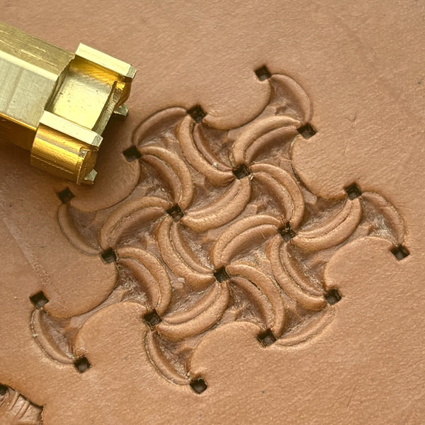 Interlocking Crescents leather stamp LT244 — brass stamping tool with imprint on natural veg-tan leather