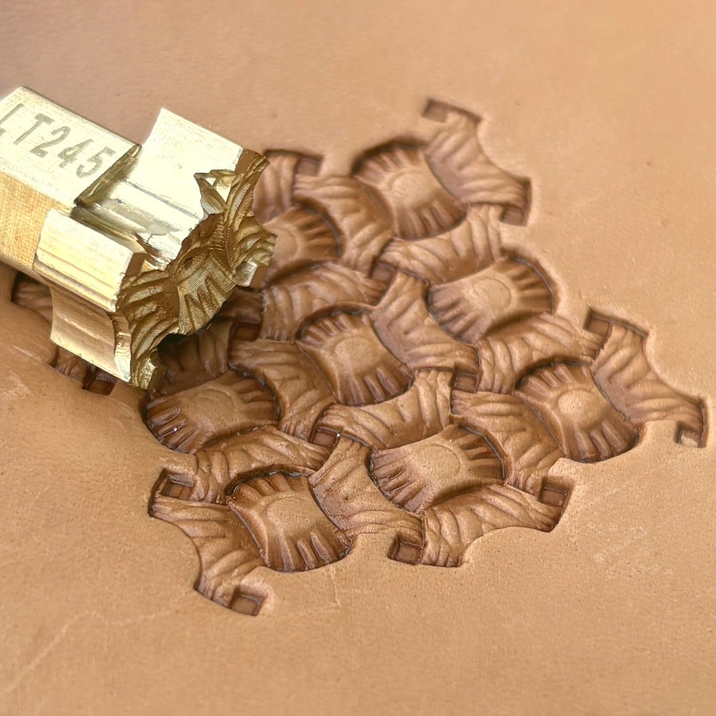 Honeycomb Style Basket Weave leather stamp LT245 — brass stamping tool with imprint on natural veg-tan leather