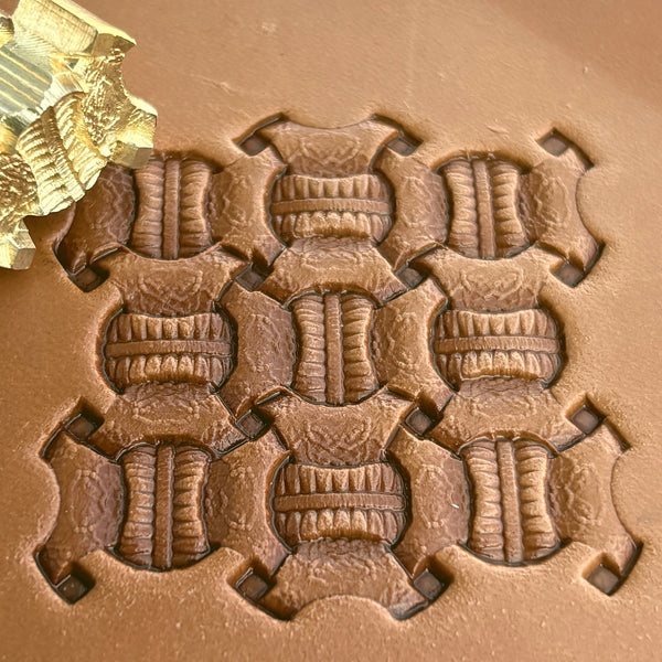 Geometric leather stamp LT246 — brass stamping tool with imprint on natural veg-tan leather
