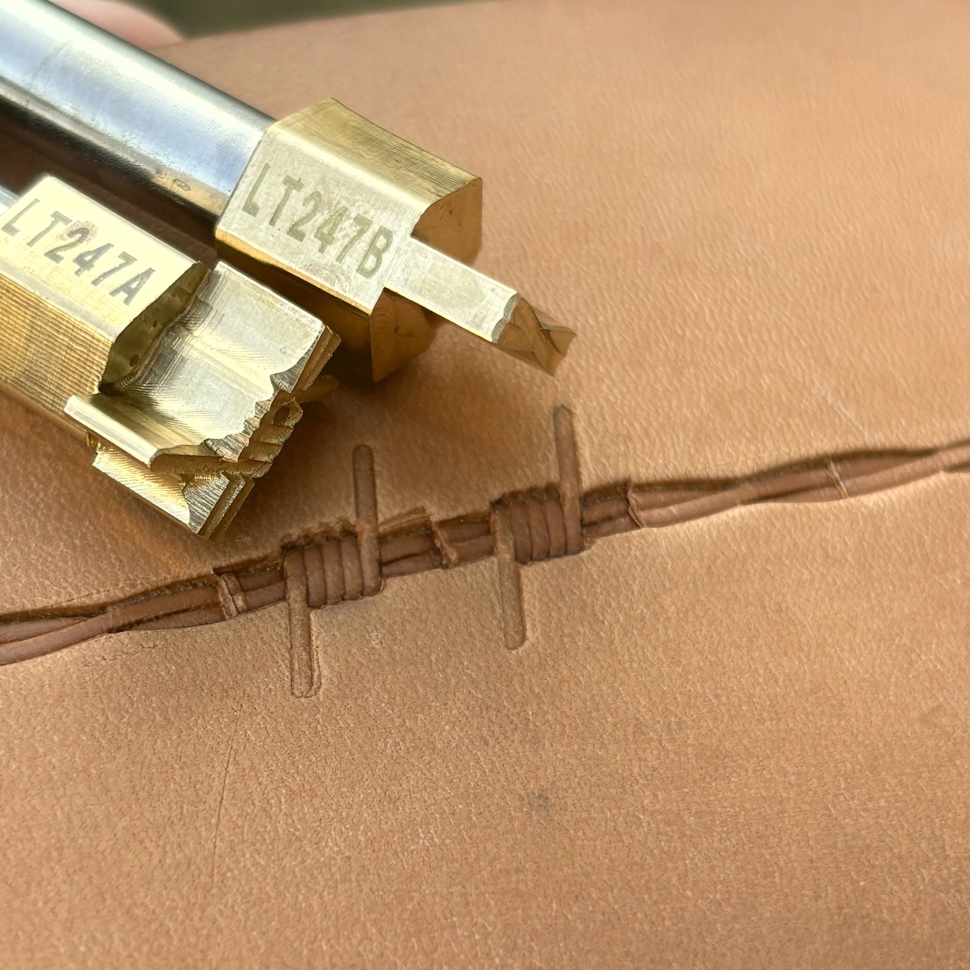 Barbed Wire leather stamp LT247 — brass stamping tool with imprint on natural veg-tan leather