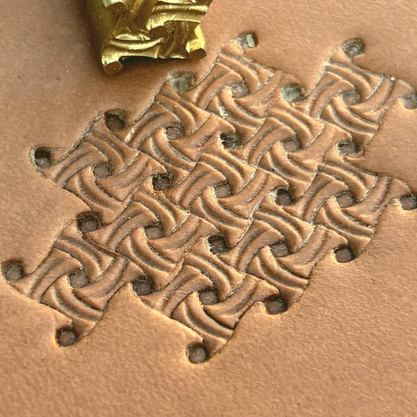Interlocking Swirls Basket Weave leather stamp LT249 — brass stamping tool with imprint on natural veg-tan leather