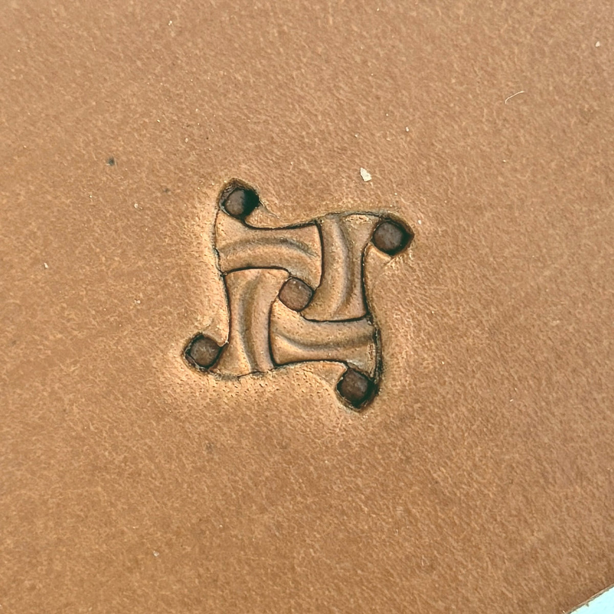 Interlocking Swirls Basket Weave leather stamp LT249 — single impression on veg-tan leather
