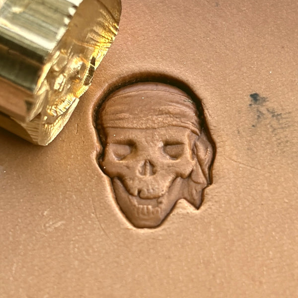 Skull leather stamp LT253 — brass stamping tool with imprint on natural veg-tan leather