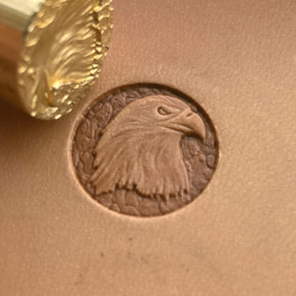Eagle leather stamp LT256 — brass stamping tool with imprint on natural veg-tan leather