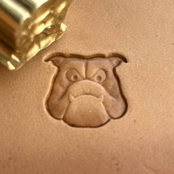 Dog leather stamp LT257 — brass stamping tool with imprint on natural veg-tan leather