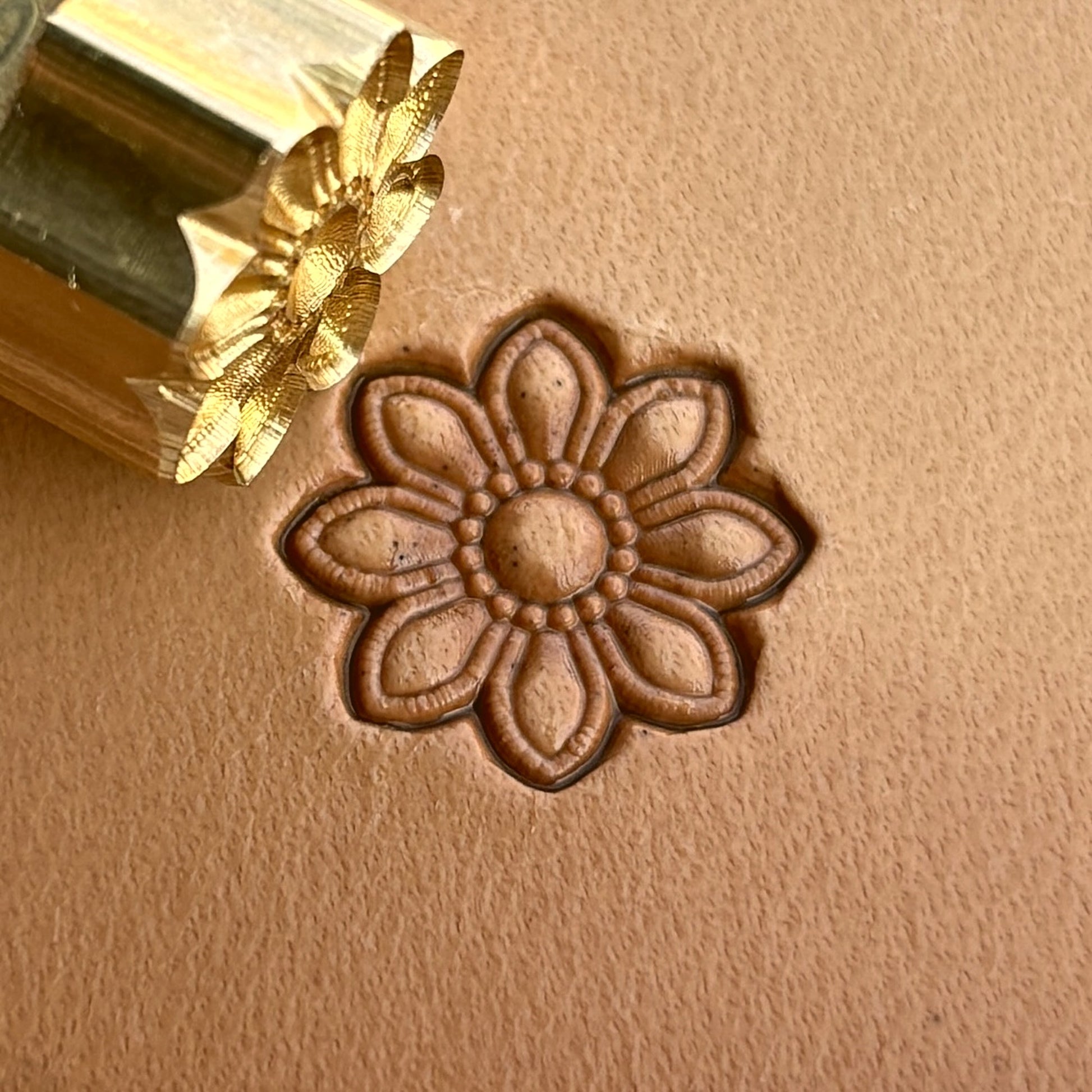 Flower leather stamp LT260 — brass stamping tool with imprint on natural veg-tan leather