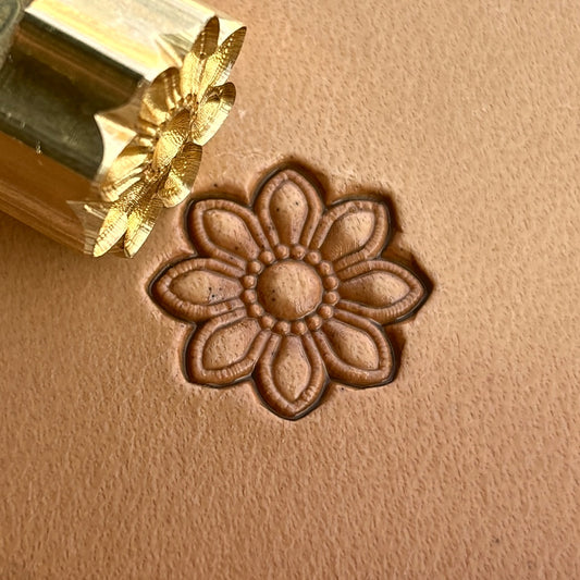 Flower leather stamp LT260 — brass stamping tool with imprint on natural veg-tan leather