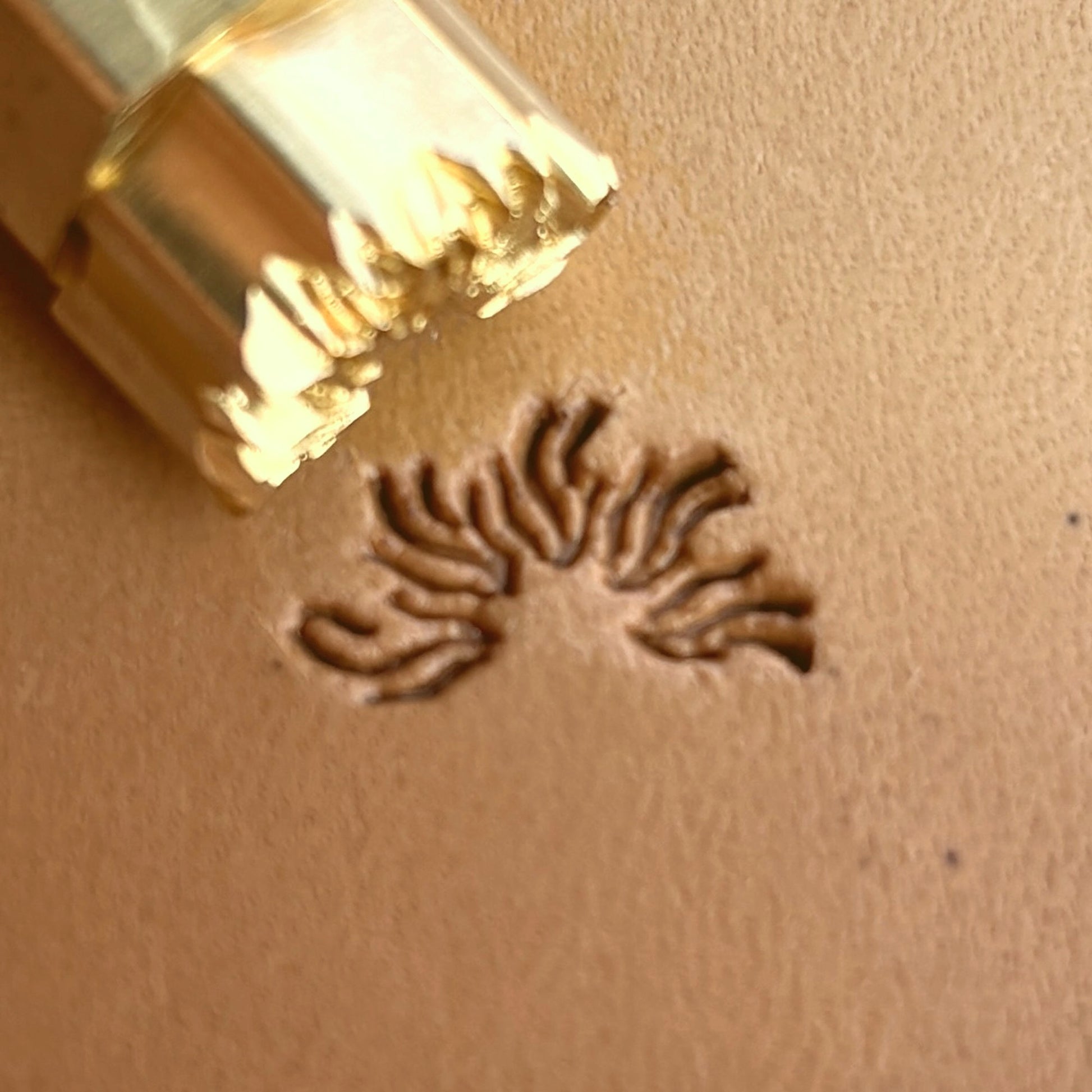 Curved Spiky Motif leather stamp LT261 — brass stamping tool with imprint on natural veg-tan leather
