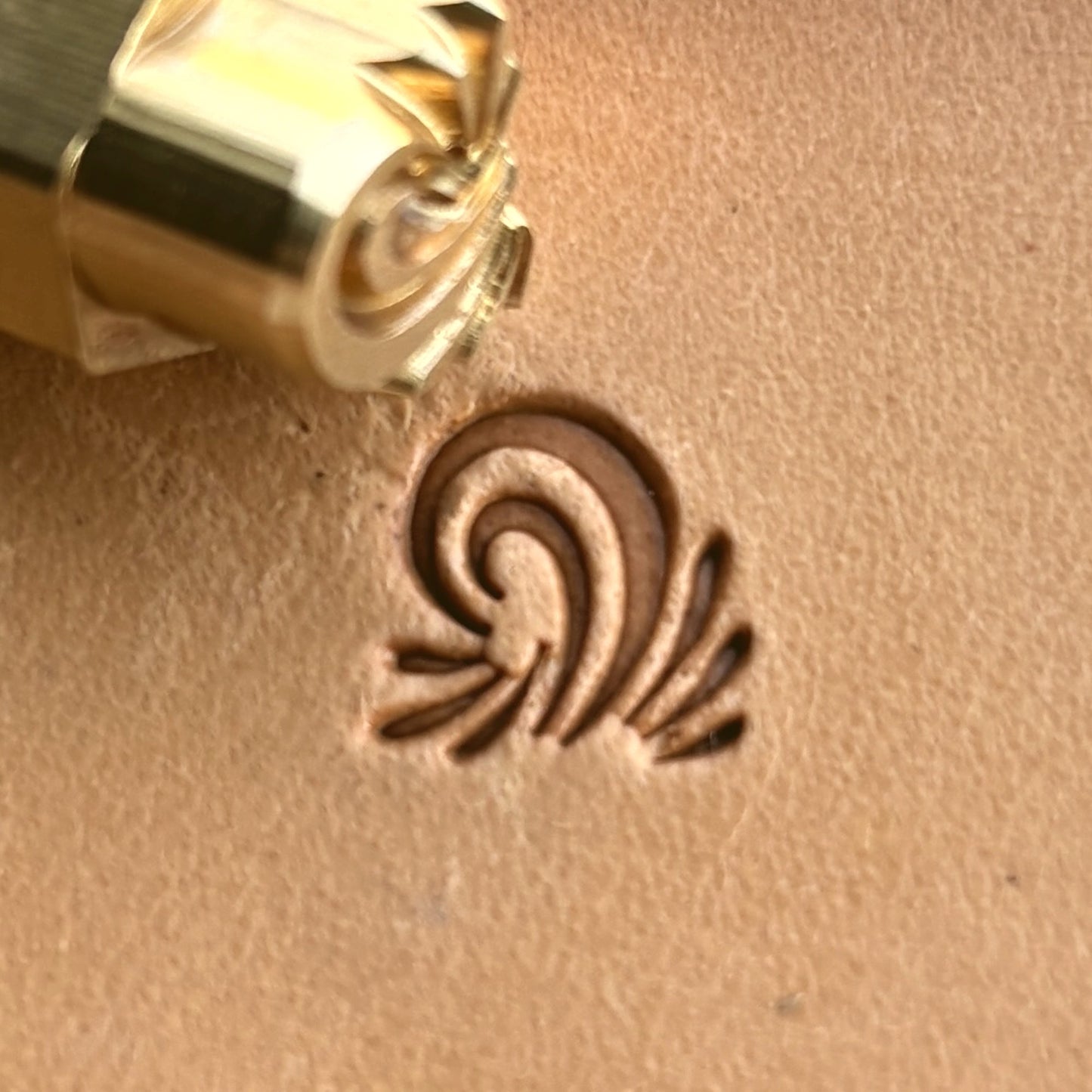 Geometric leather stamp LT263 — brass stamping tool with imprint on natural veg-tan leather