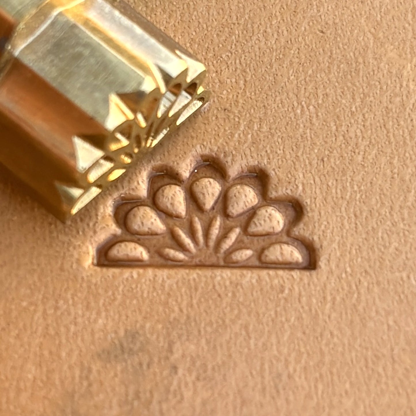 Peacock leather stamp LT264 — brass stamping tool with imprint on natural veg-tan leather