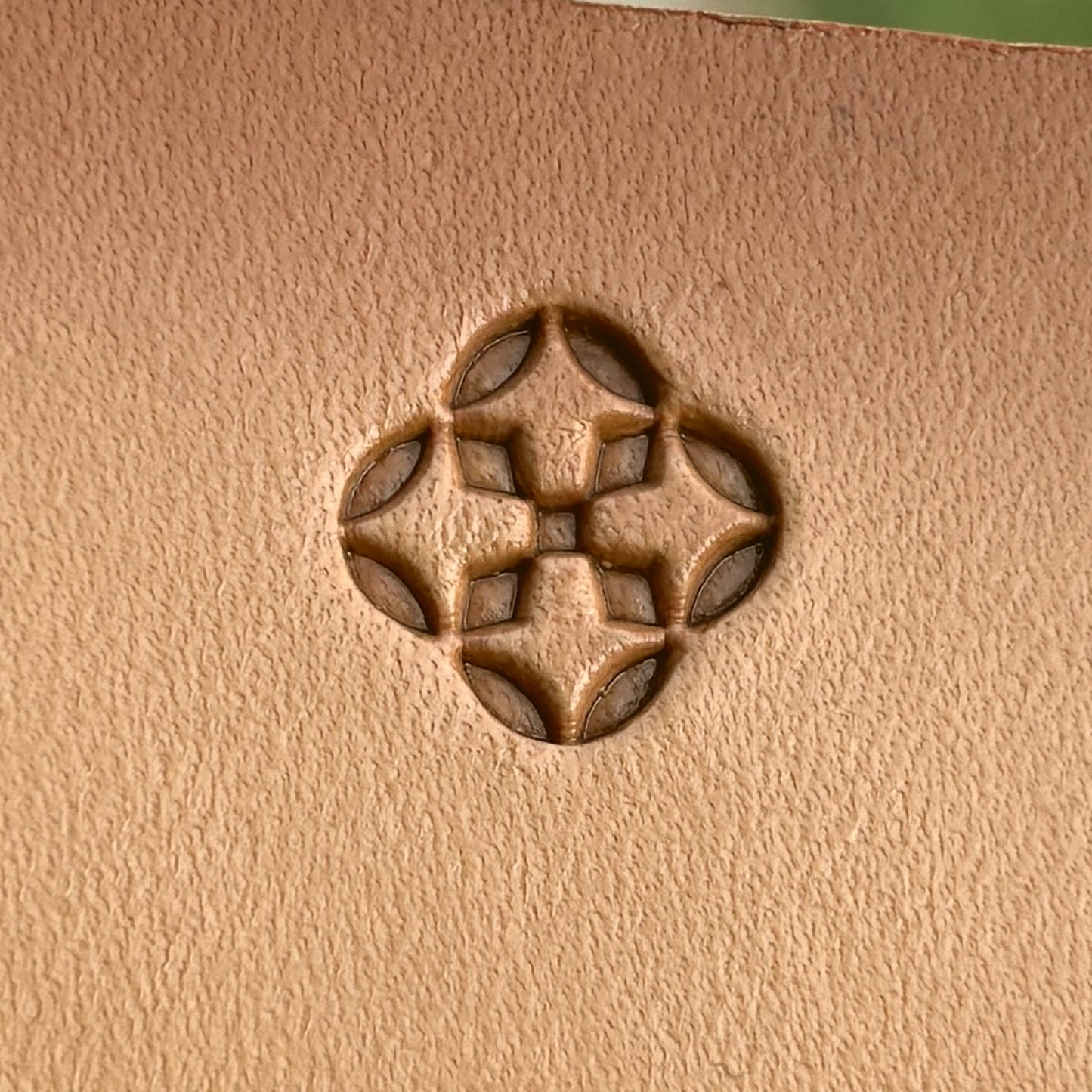 Geometric leather stamp LT265 — brass stamping tool with imprint on natural veg-tan leather