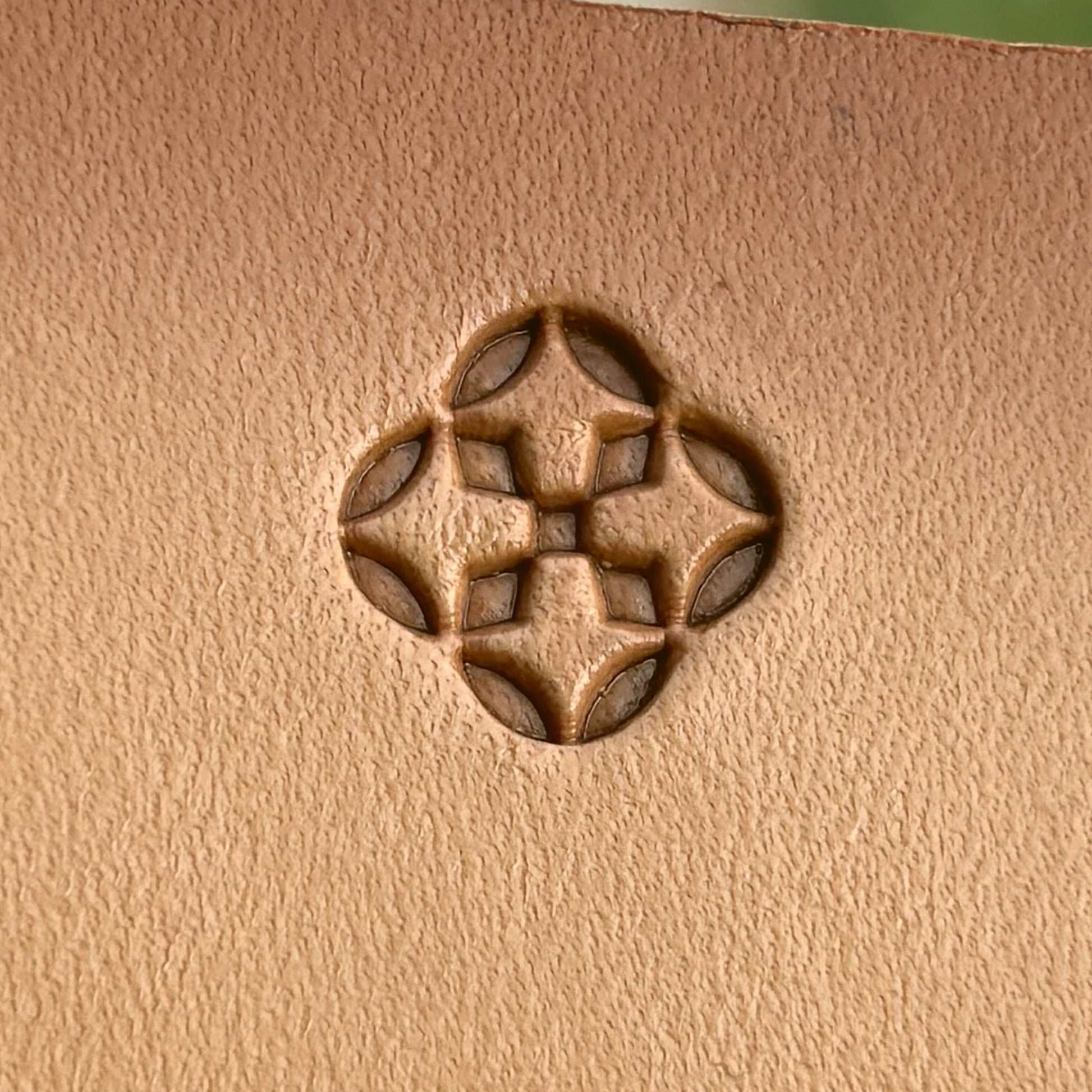 Geometric leather stamp LT265 — brass stamping tool with imprint on natural veg-tan leather