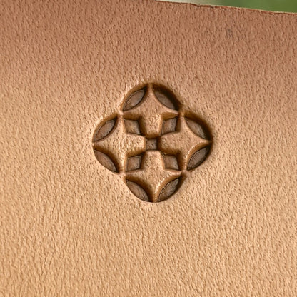 Geometric leather stamp LT265 — brass stamping tool with imprint on natural veg-tan leather