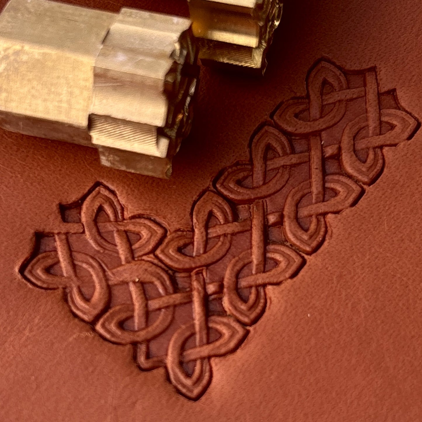 Celtic Knot leather stamp LT266 — brass stamping tool with imprint on natural veg-tan leather