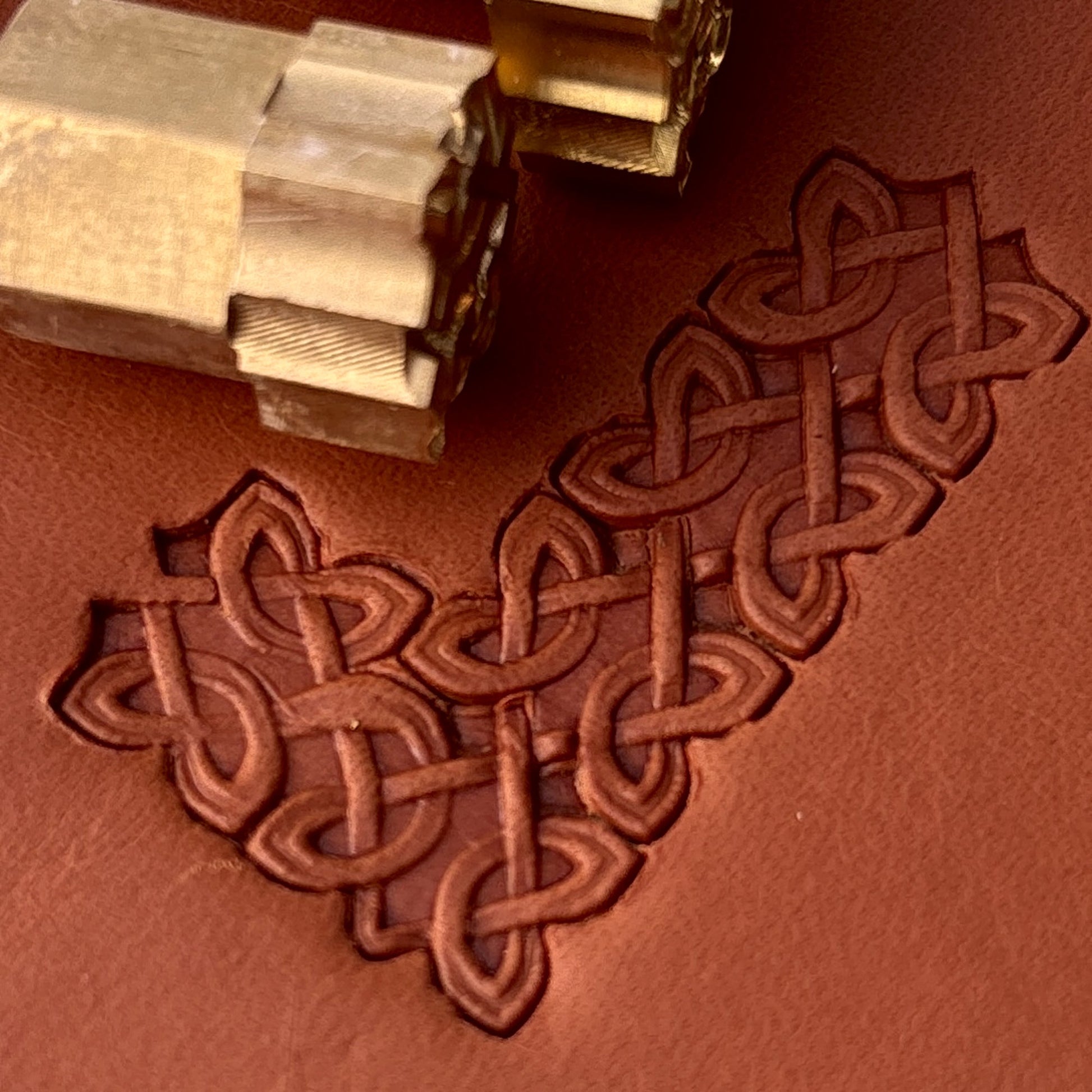 Celtic Knot leather stamp LT266 — brass stamping tool with imprint on natural veg-tan leather