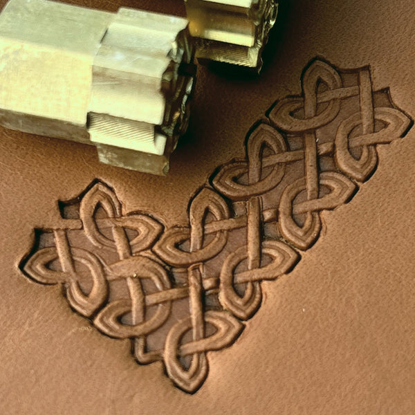 Celtic Knot leather stamp LT266 — brass stamping tool with imprint on natural veg-tan leather