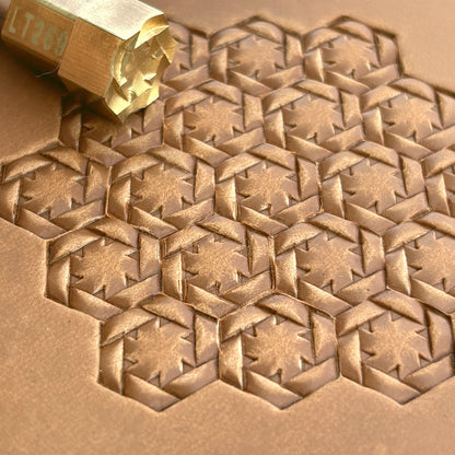 Geometric leather stamp LT269 — brass stamping tool with imprint on natural veg-tan leather