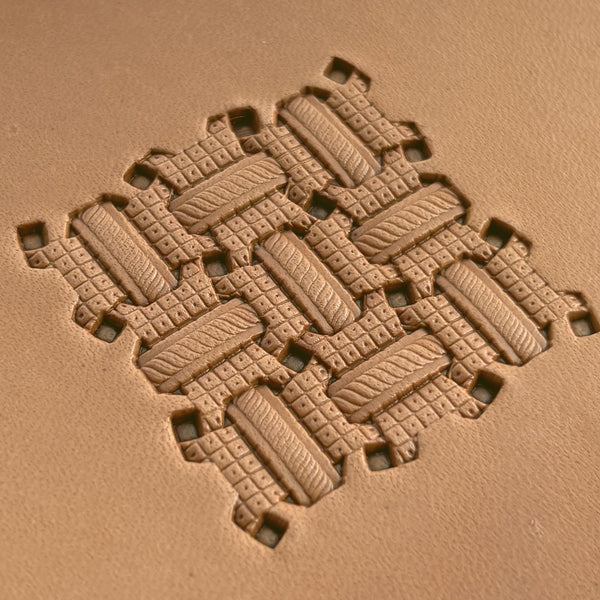 Basket Weave leather stamp LT270 — single impression on veg-tan leather