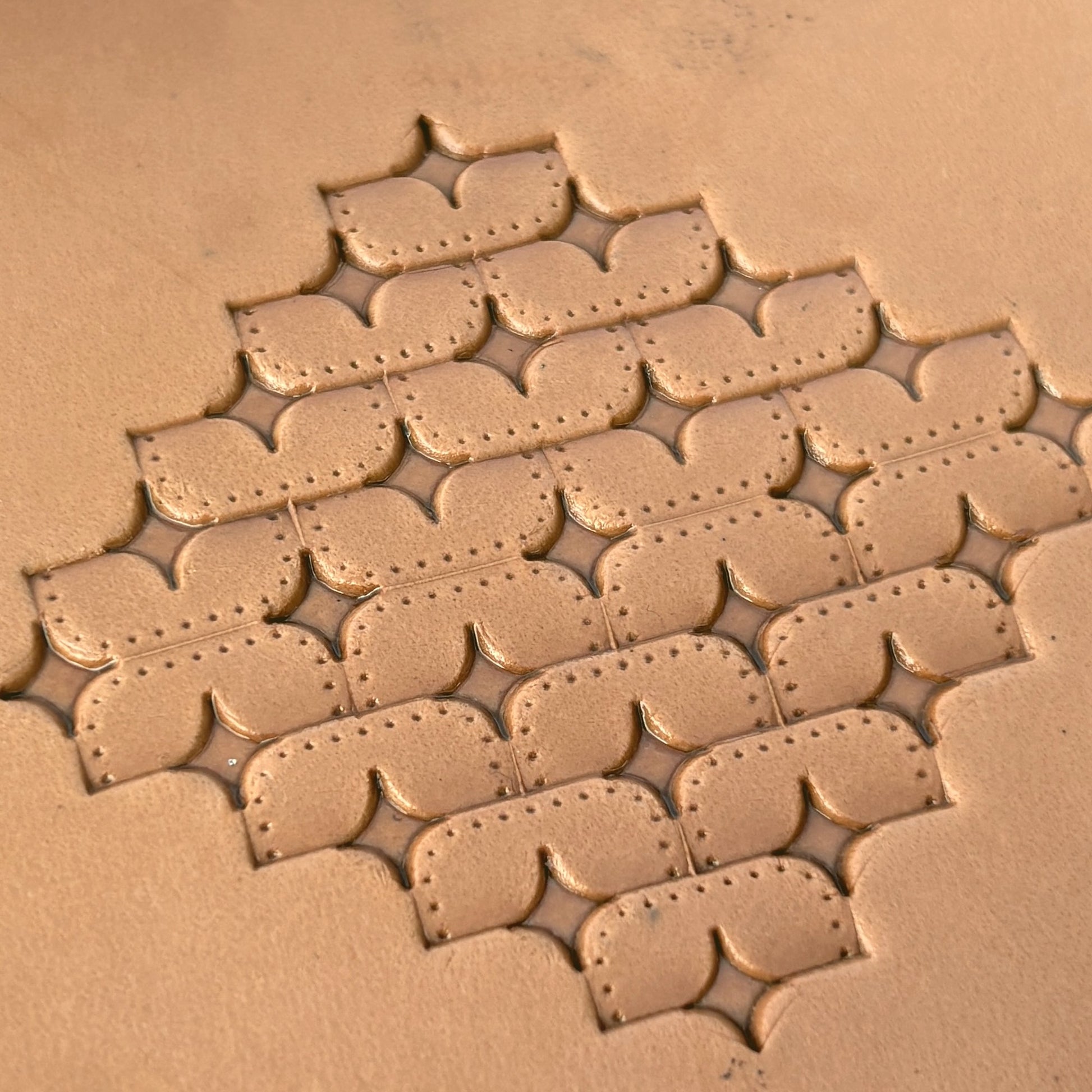 Star Tiles leather stamp LT273 — pattern imprint on veg-tan leather