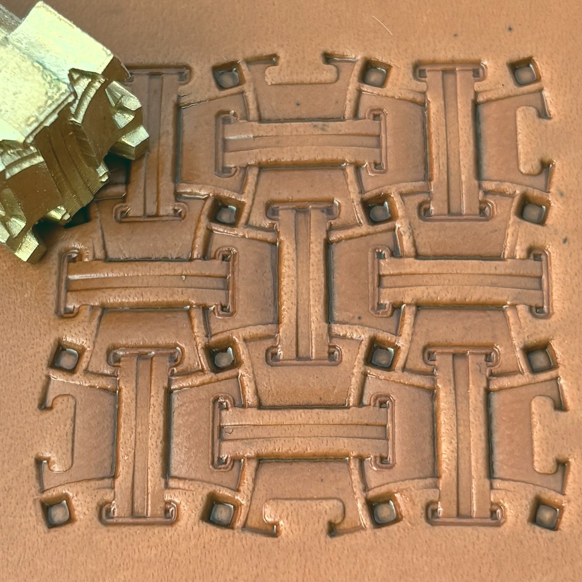 Basket Weave leather stamp LT274 — brass stamping tool with imprint on natural veg-tan leather