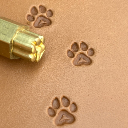 Paw Cat leather stamp LT278 — brass stamping tool with imprint on natural veg-tan leather