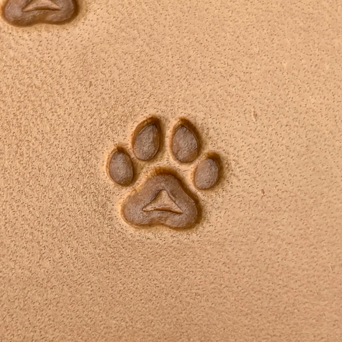 Three bear paw tracks stamped into tan leather, with the brass stamp resting alongside.
