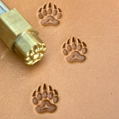 Track Paw Bear leather stamp LT279 — brass stamping tool with imprint on natural veg-tan leather