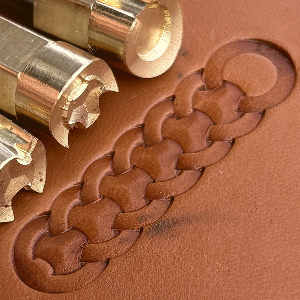 Geometric leather stamp LT286 — brass stamping tool with imprint on natural veg-tan leather