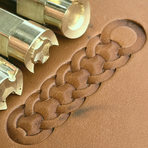 Geometric leather stamp LT286 — brass stamping tool with imprint on natural veg-tan leather
