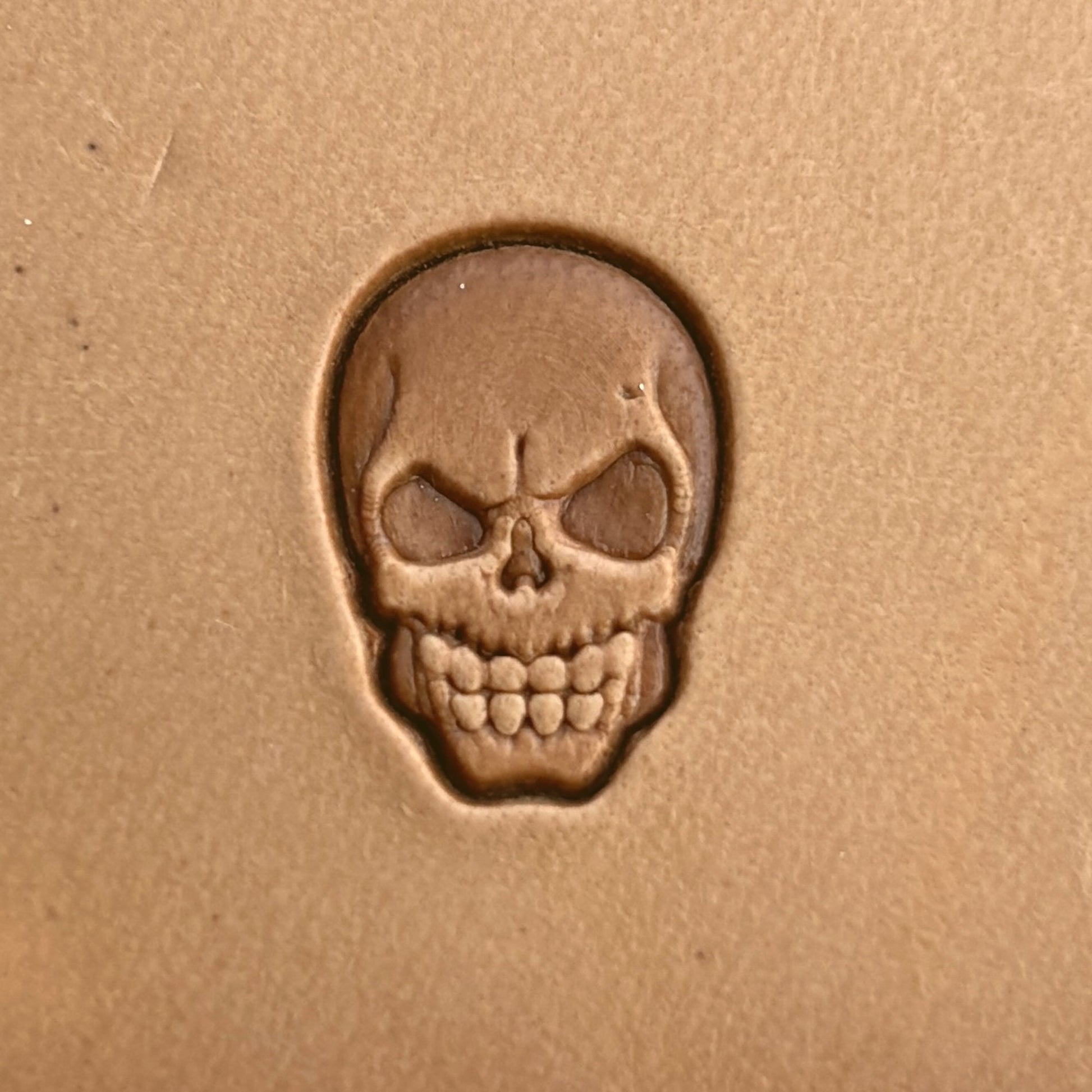 Skull leather stamp LT287 — single impression on veg-tan leather