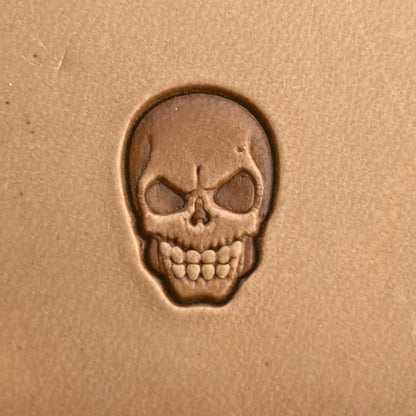 Skull leather stamp LT287 — single impression on veg-tan leather
